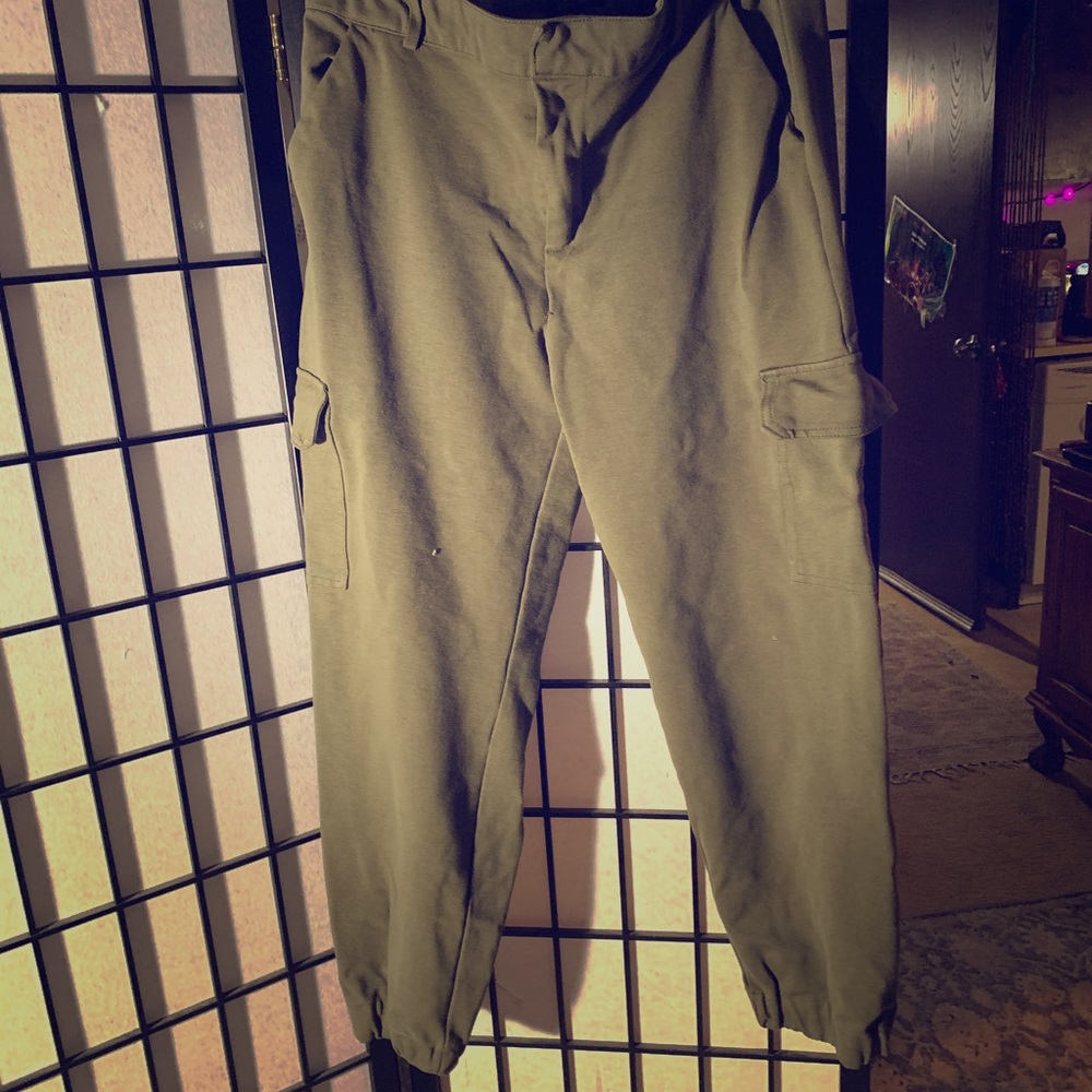 Olive green comfortable pants.